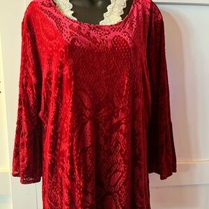 Ruby Rd. Red velvet Blouse flared sleeves